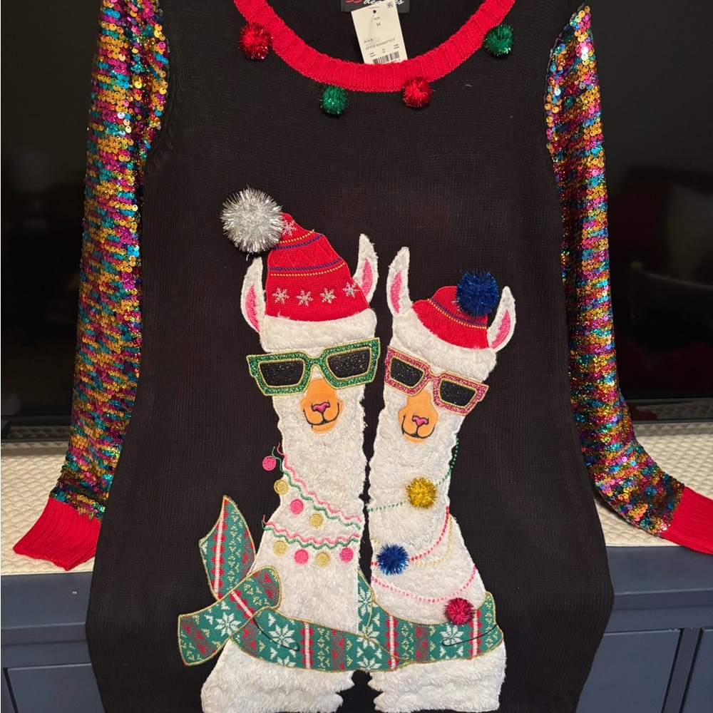 Ugly Sweater - Festive Llama Sweater dress  with Colorful Sequin Sleeves